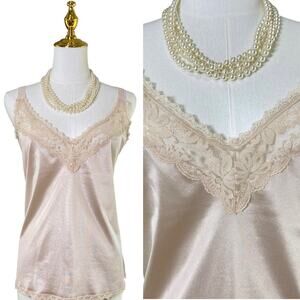 Vintage 70s Maidenform Beige Nylon Lace Trim Camisole Lingerie Slip Top Size 38